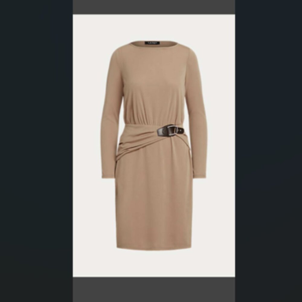 New w/tag Lauren Ralph Lauren beige jersey buckle trim strech dress 10